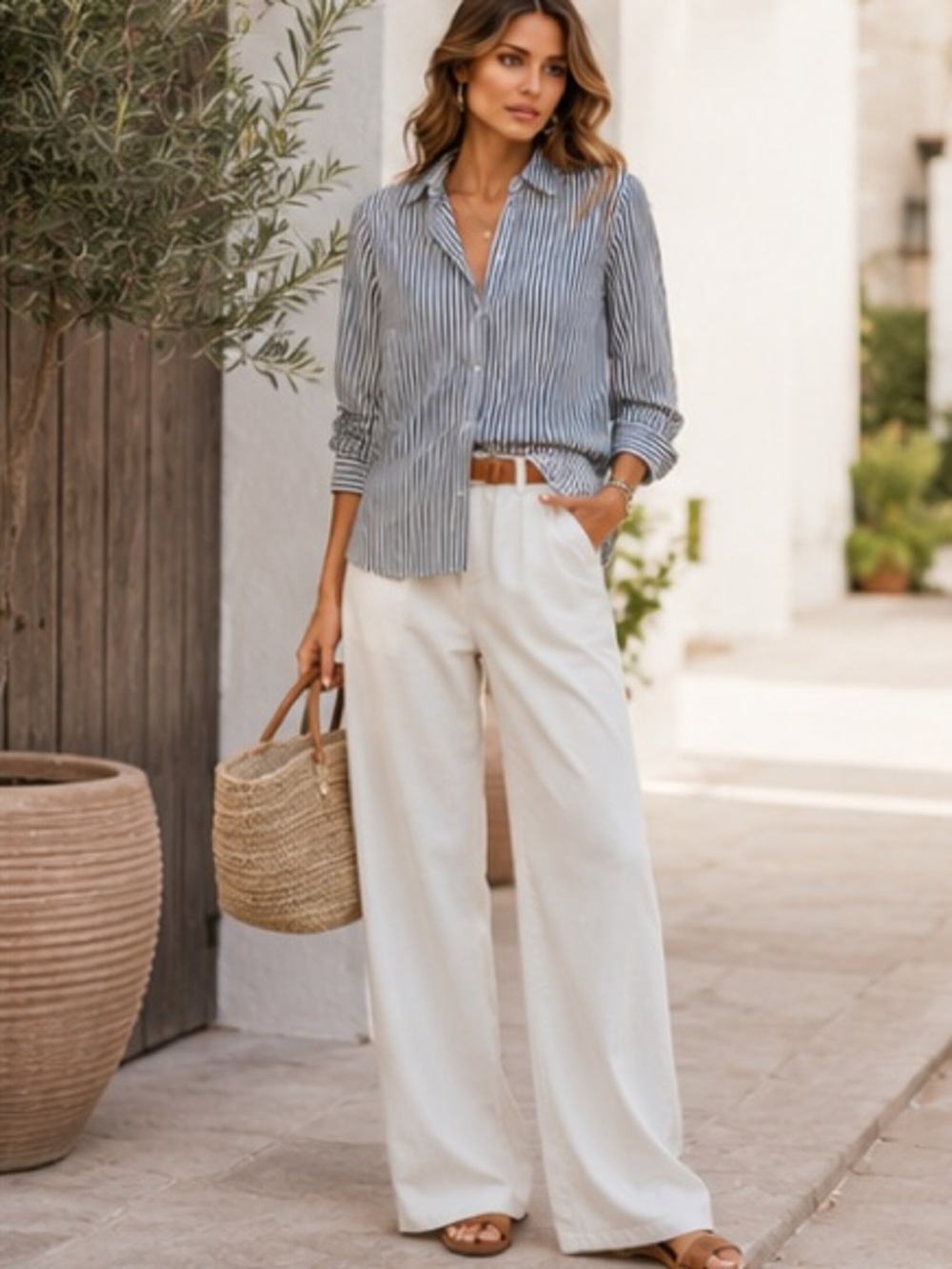 Grant & Grace The Monte Carlo Sun Washed Gray White Stripe Button Front Shirt XL - Picture 3 of 16
